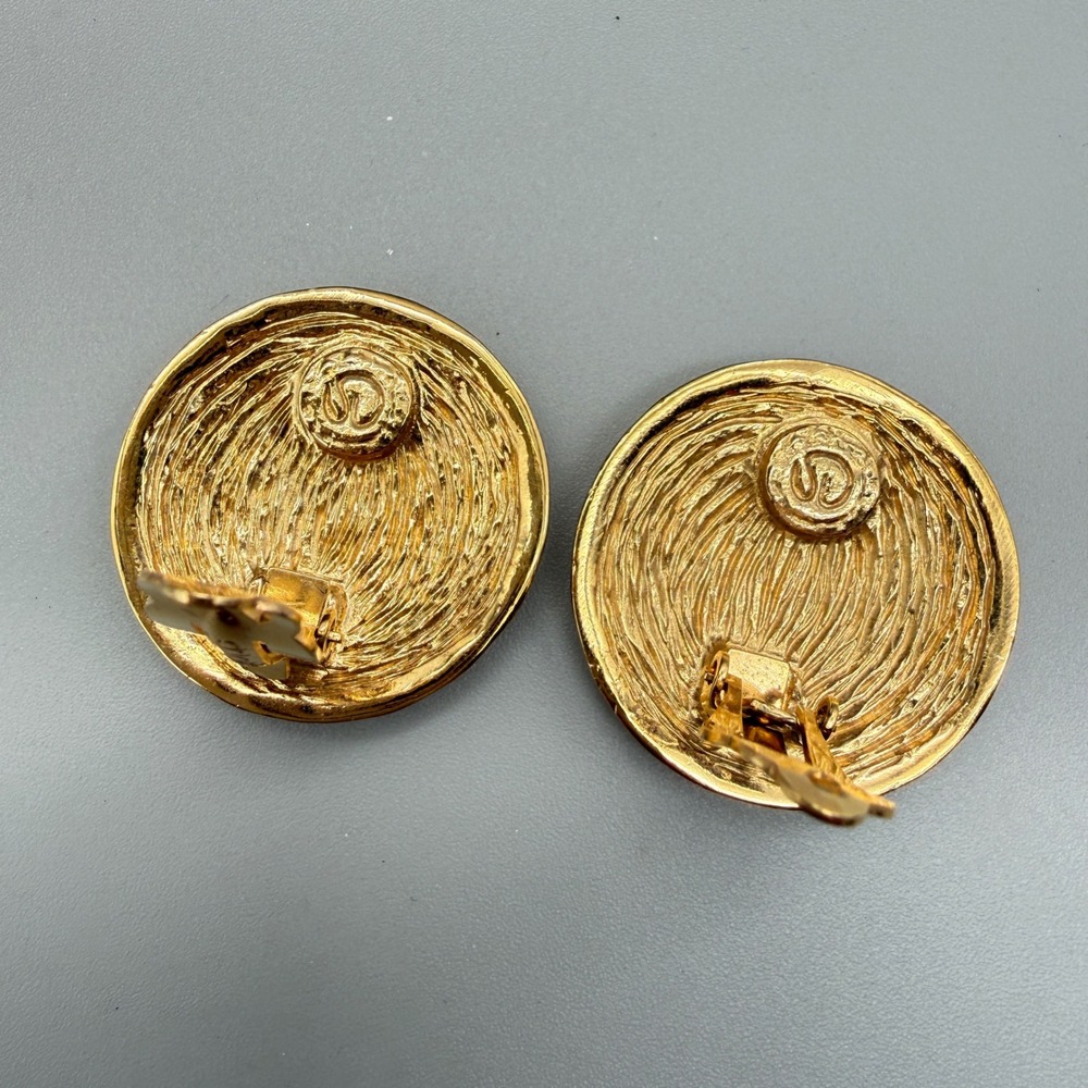 St John Vintage Gold Tone SJ Logo Sunburst Clip On Button Earrings 1.25 Inch - Picture 7 of 9